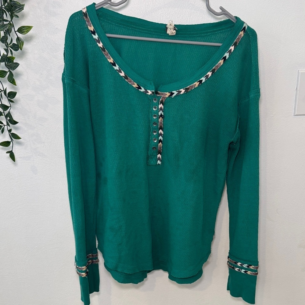 We The Free Teal Button-Down Top with Patterned Trim